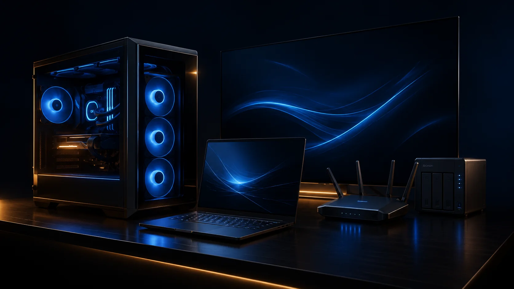 Gaming pc, OLED tv, gaming laptop, router en server in een premium tech compositie